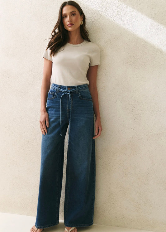 Stories Be Told College Wide Leg Tie Belt Jean - deep blue