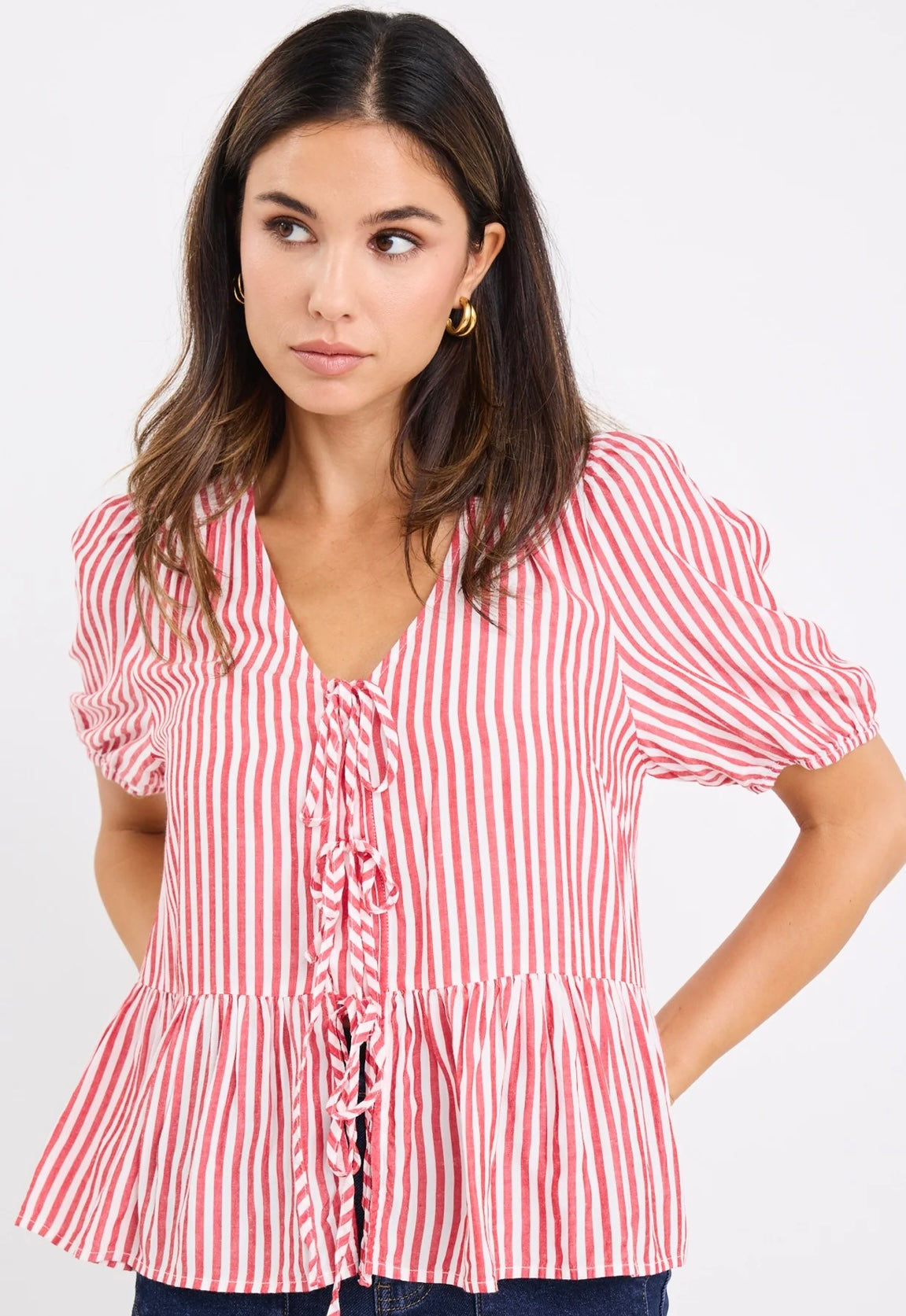 stories be told - Restore Tie Front Peplum S/S Top - red stripe