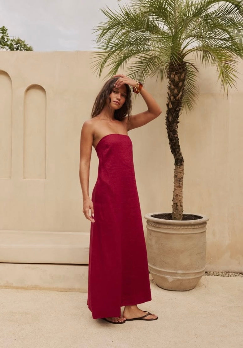 Reverie the Label - Viva Midi Linen Dress - burgundy