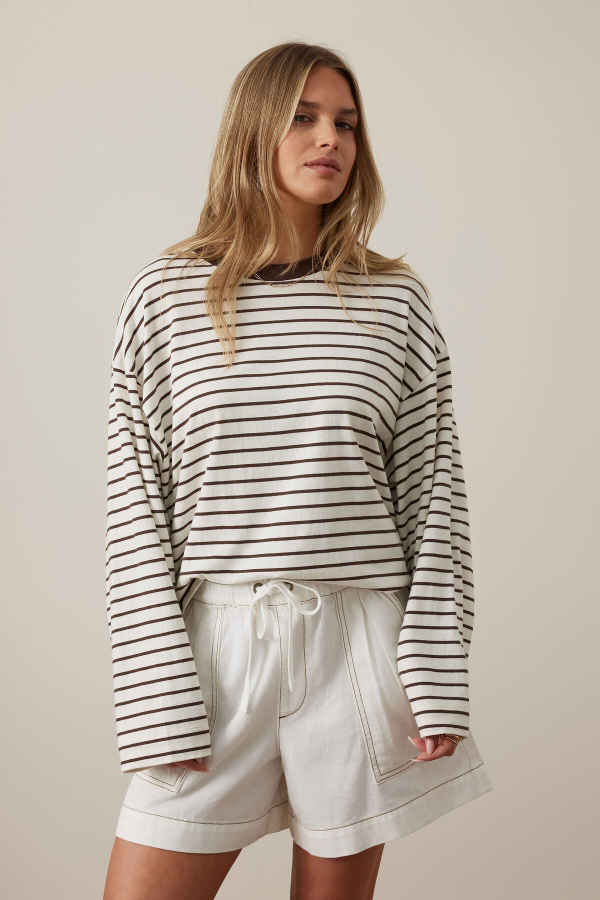 Ceres Beau Long Sleeve Slouchy Tee - milk/brunette brown stripe