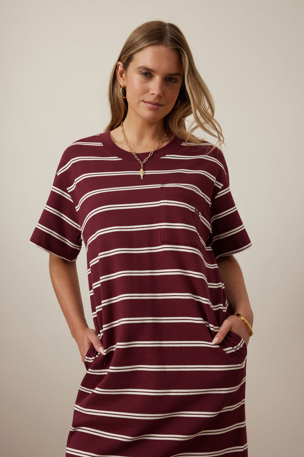 Ceres Charlotte Terry Midi Dress - burgundy milk stripe