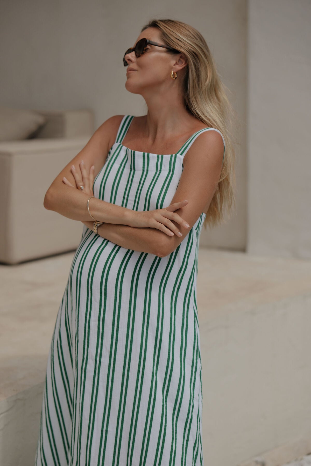 Ceres Life Doublecloth Poolside Dress / fresh green double stripe