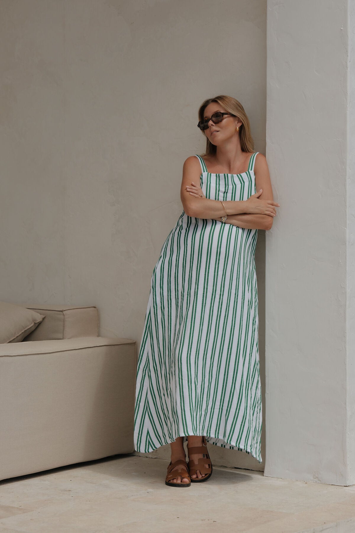 Ceres Life Doublecloth Poolside Dress / fresh green double stripe