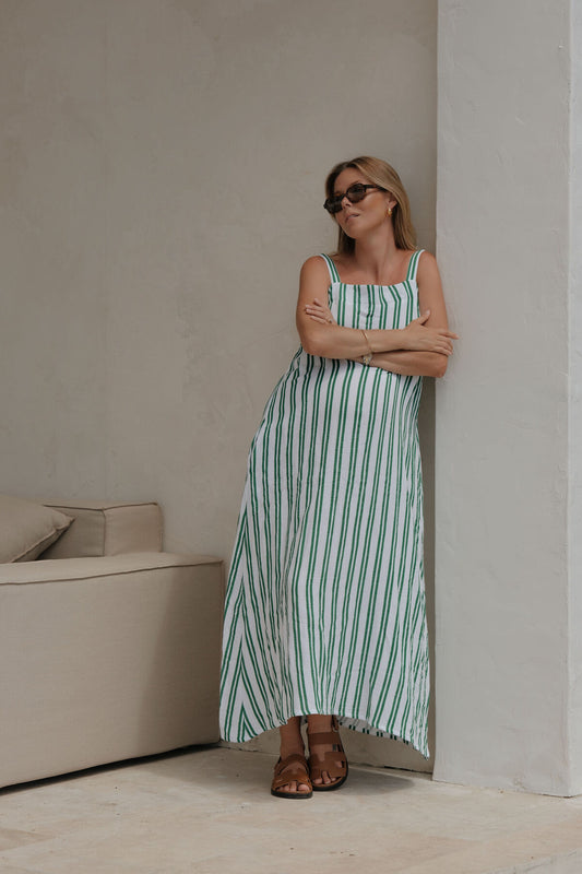 Ceres Life Doublecloth Poolside Dress / fresh green double stripe