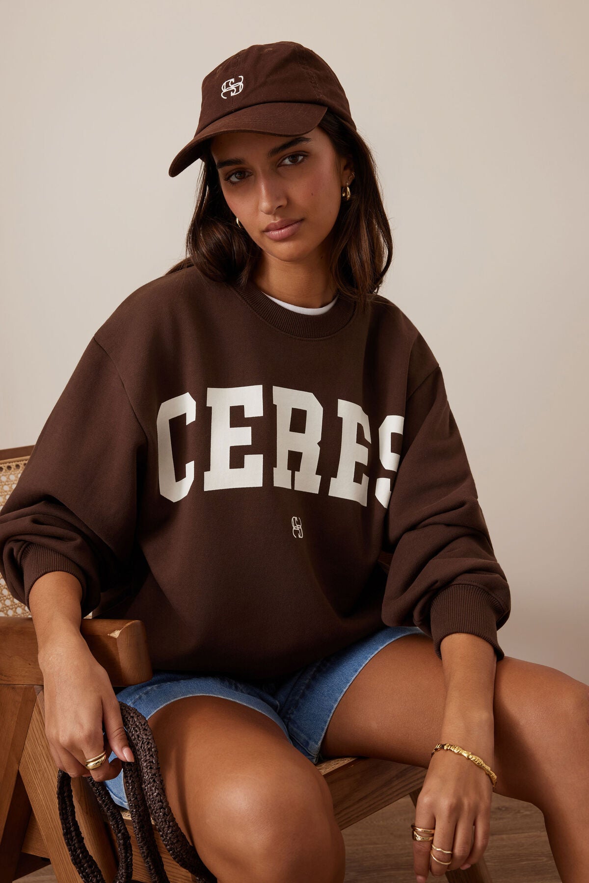 Ceres Island Oversized Slouchy Crew- chocolate heritage logo