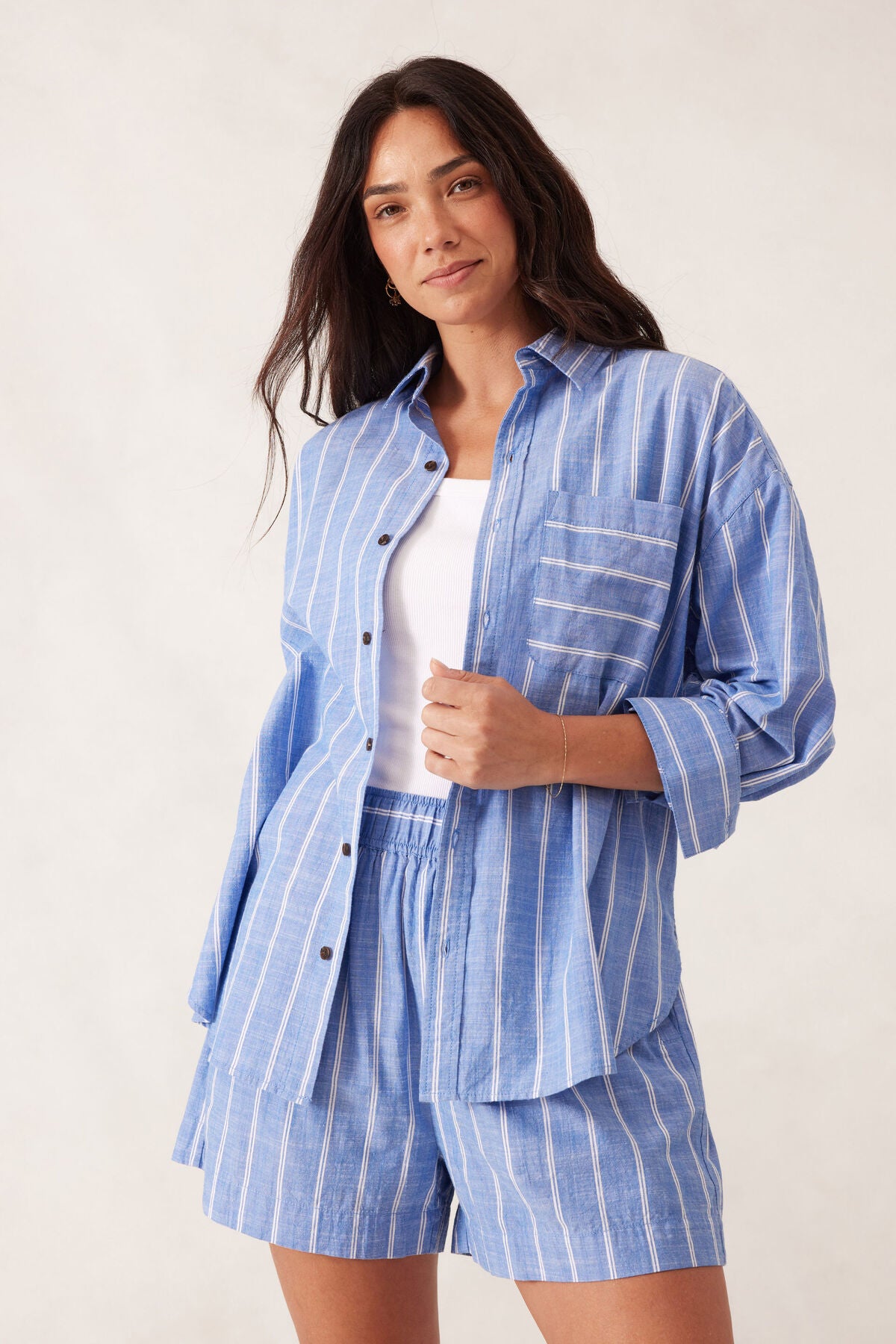 Ceres Life Oversized Shirt - Oxford Blue White Twin Stripe