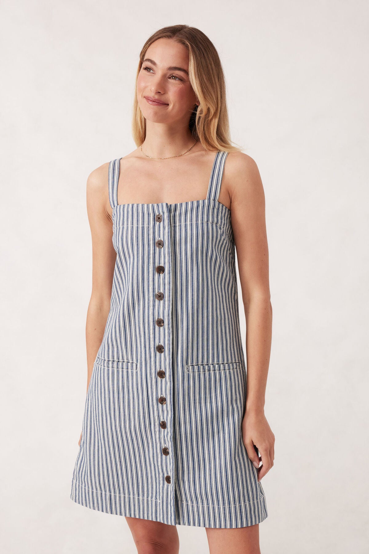 Ceres Life Strappy Button Mini Shift Dress - blue lagoon stripe