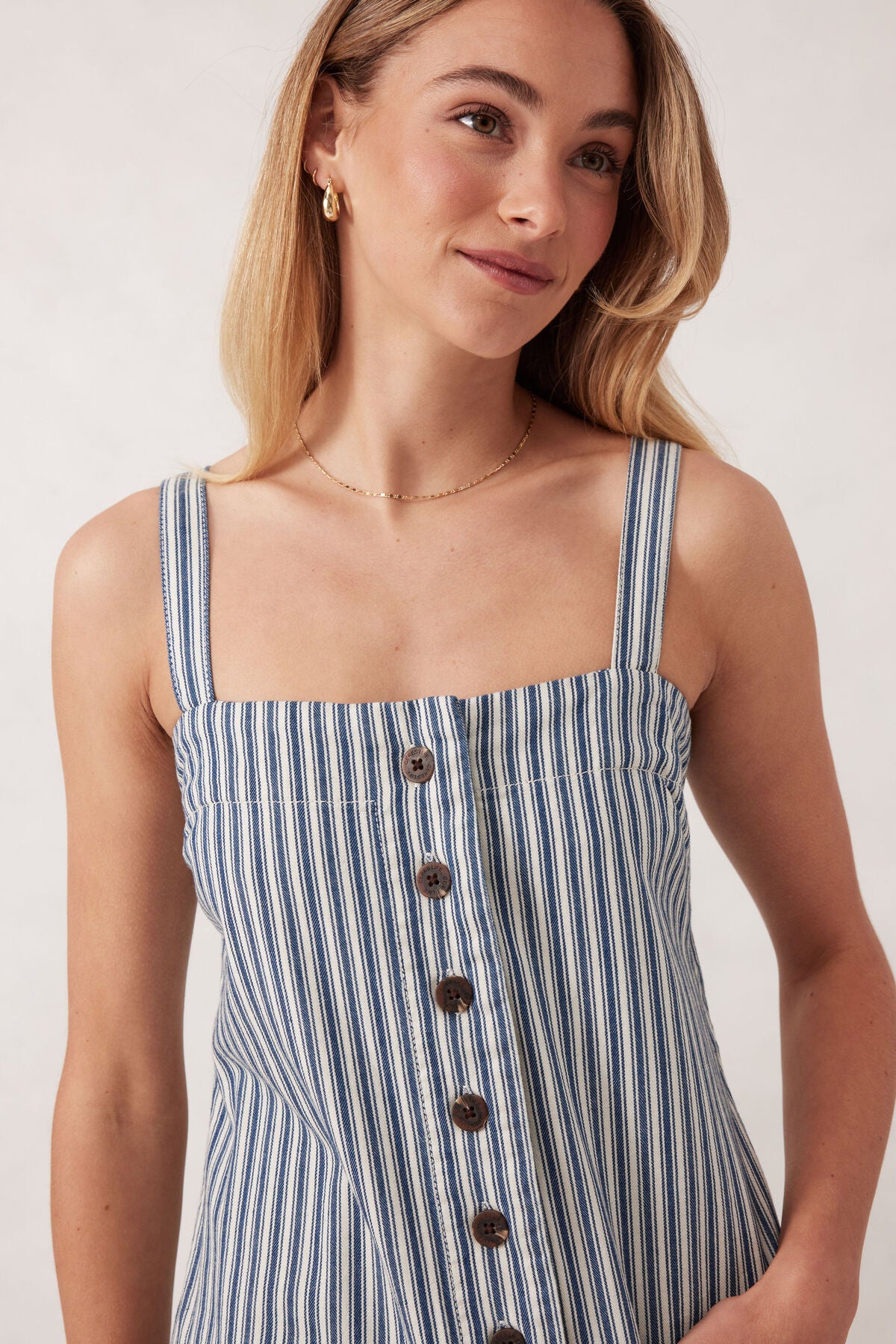 Ceres Life Strappy Button Mini Shift Dress - blue lagoon stripe