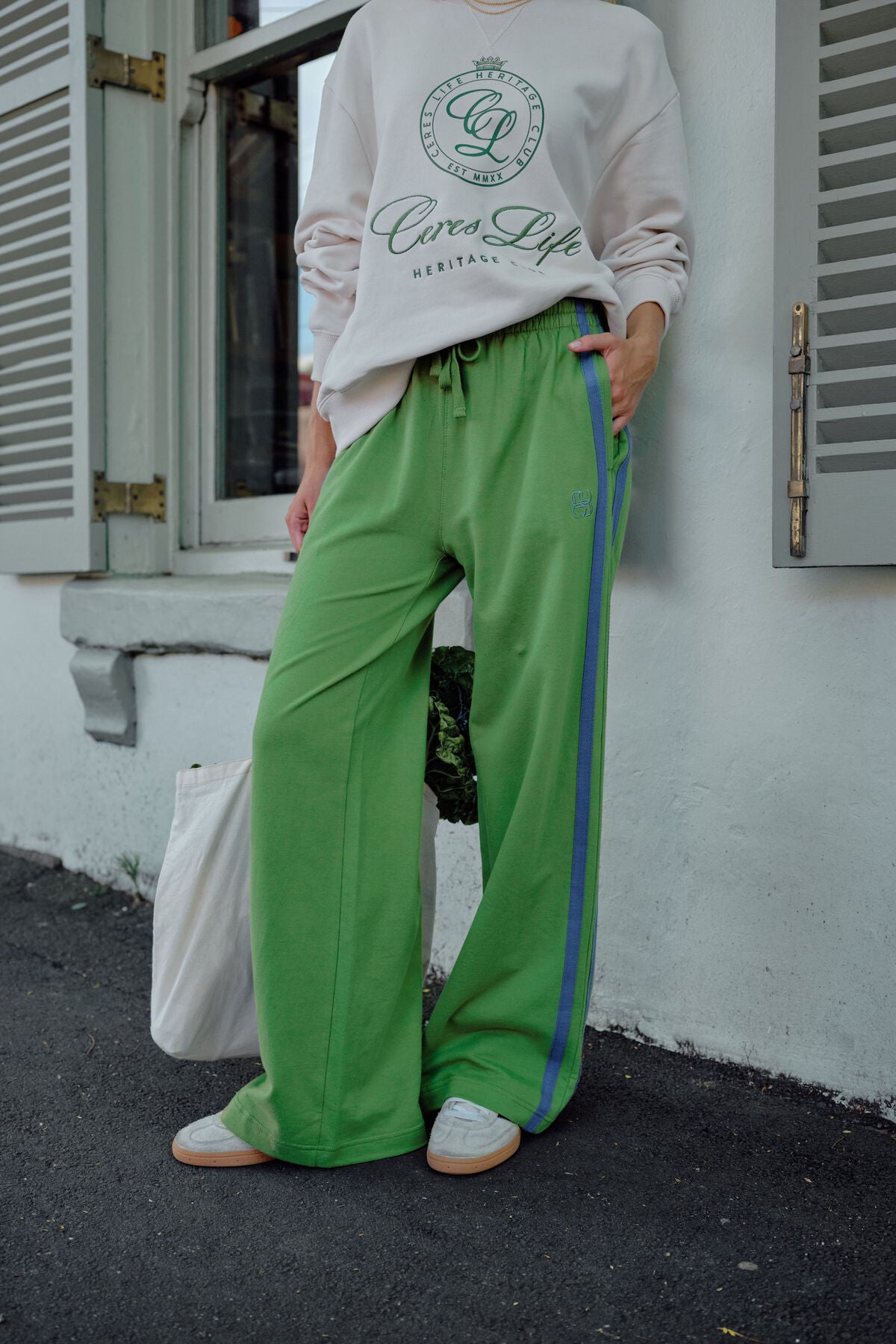 Ceres Gigi Wide Leg Terry Track Pants - pistachio washed navy side stripe