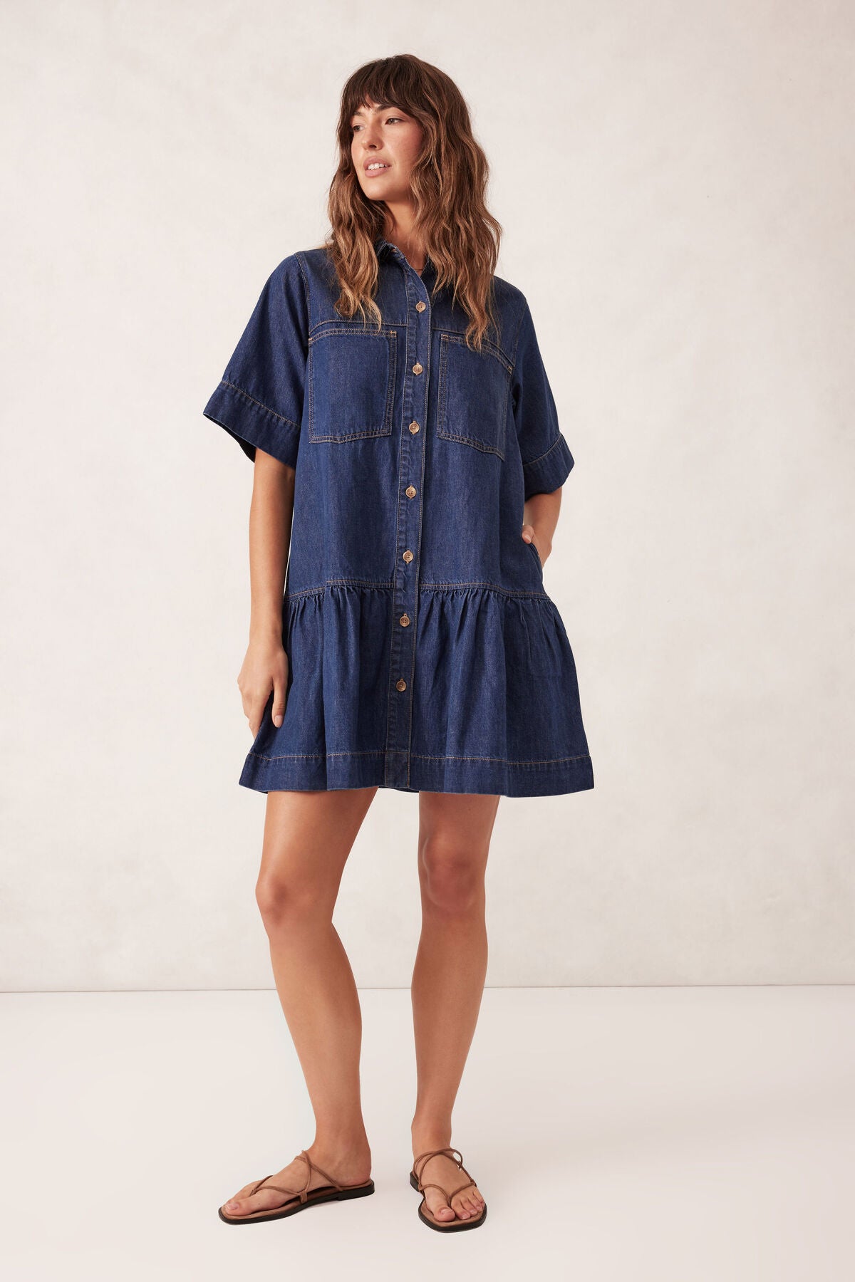 Ceres Life Short Sleeve Tiered Pocket Shirt Dress - midnight