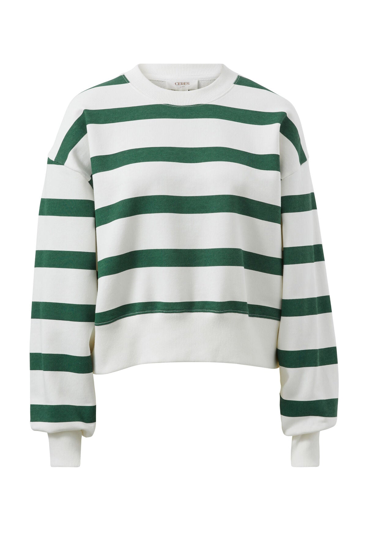 Ceres Life Cropped Slouchy Crew - pine green stripe