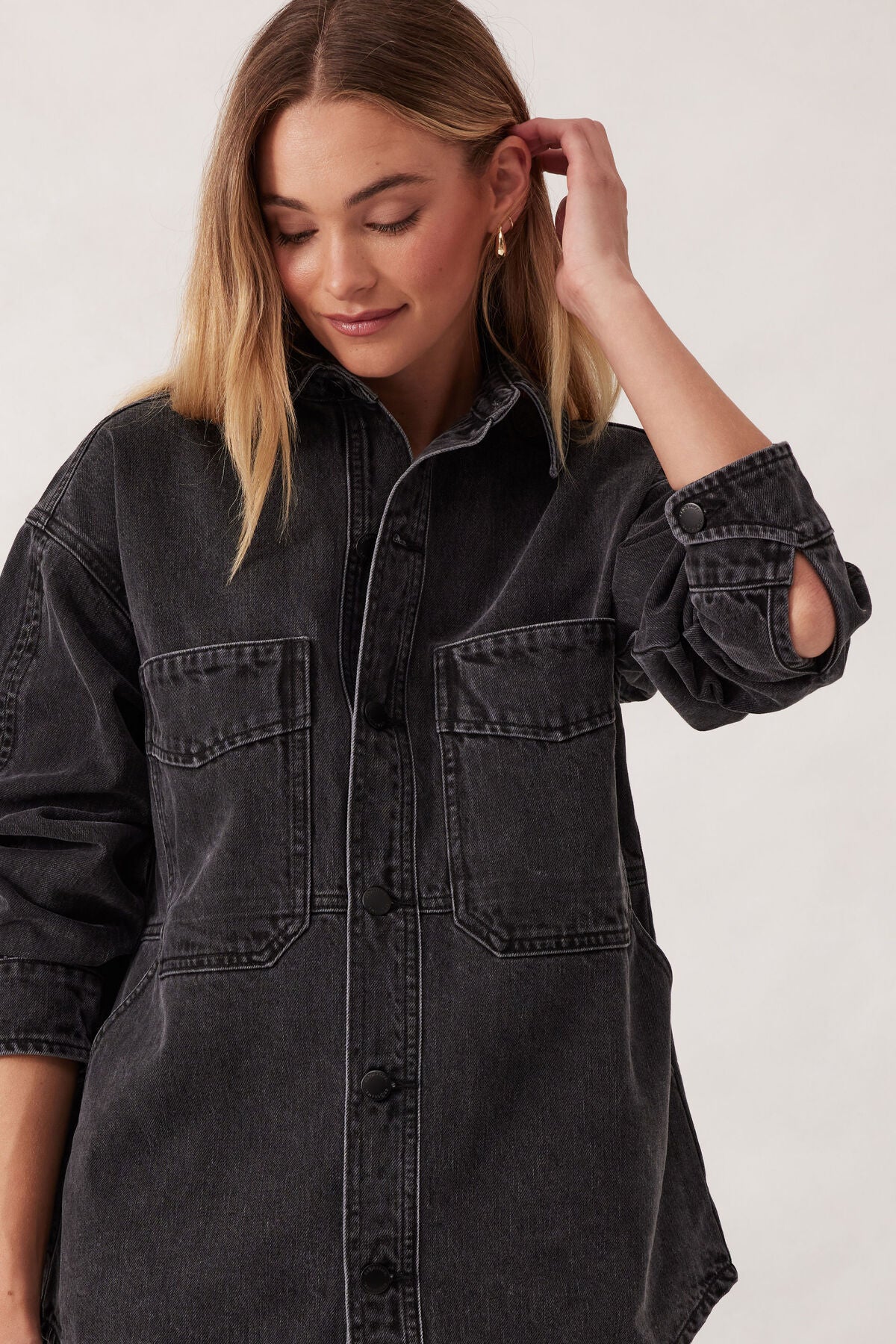 Ceres Life Bobbi Side Pocket Denim Shacket - washed black