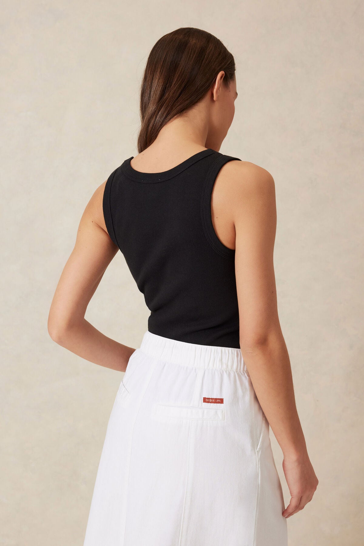 Ceres Life Contour Rib Scoop Tank - black/white monogram embroidery
