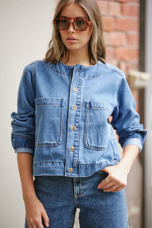 Ceres Life Collarless Denim Jacket - fresh indigo