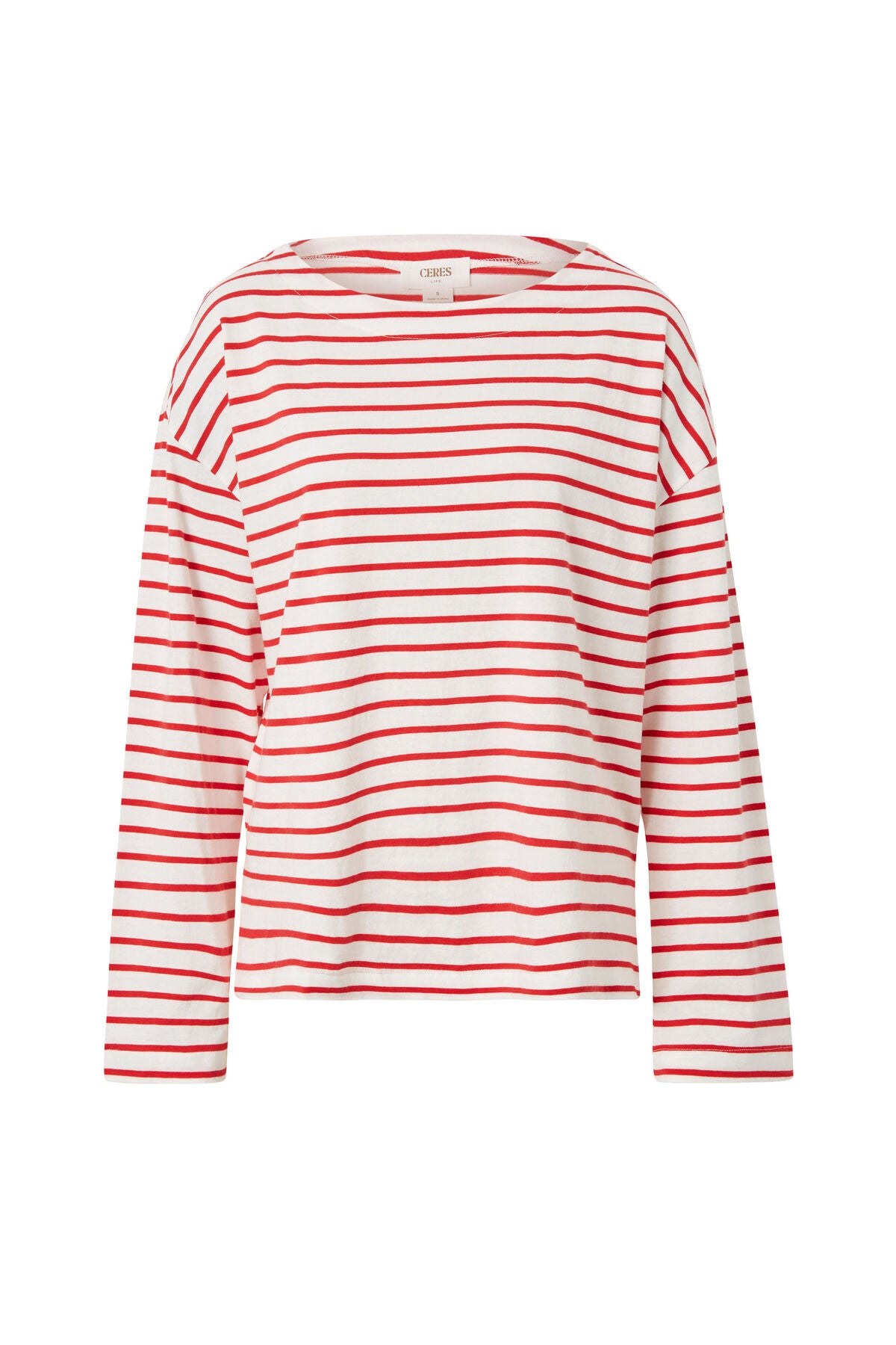 Ceres Slouchy Long Sleeve Boat Neck Tee - heritage red stripe