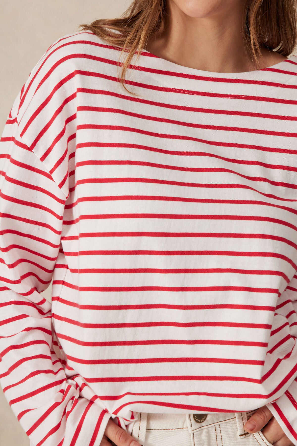 Ceres Slouchy Long Sleeve Boat Neck Tee - heritage red stripe