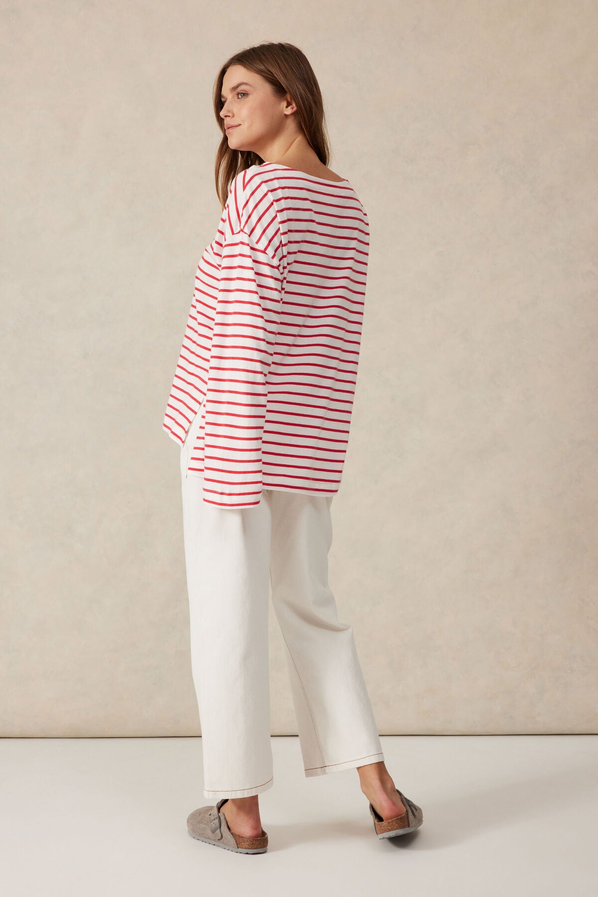 Ceres Slouchy Long Sleeve Boat Neck Tee - heritage red stripe