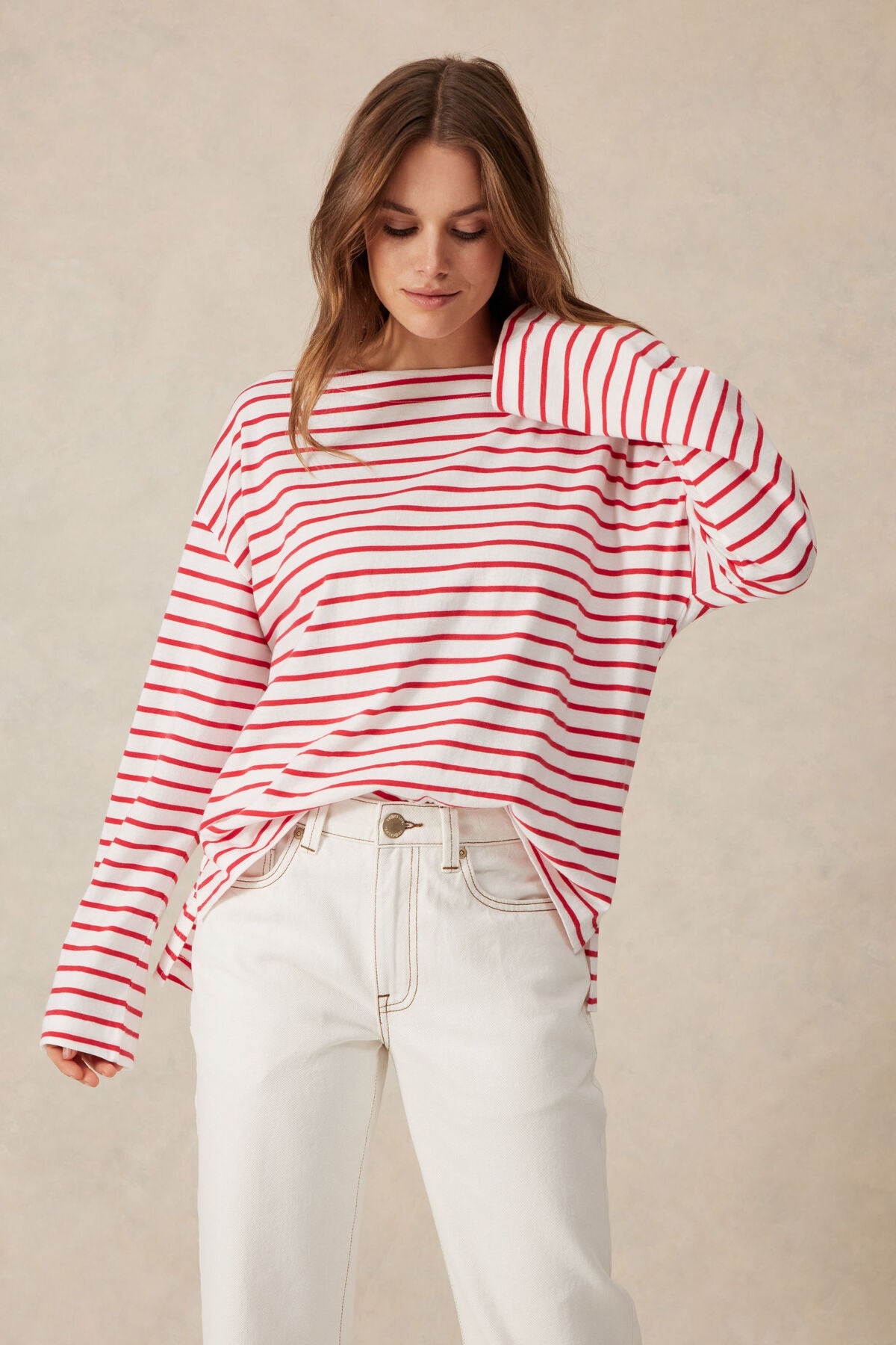 Ceres Slouchy Long Sleeve Boat Neck Tee - heritage red stripe