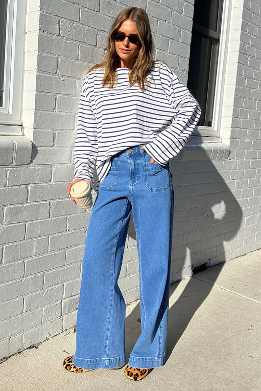 Ceres Life Wide Leg Patch Pocket Jeans - washed indigo