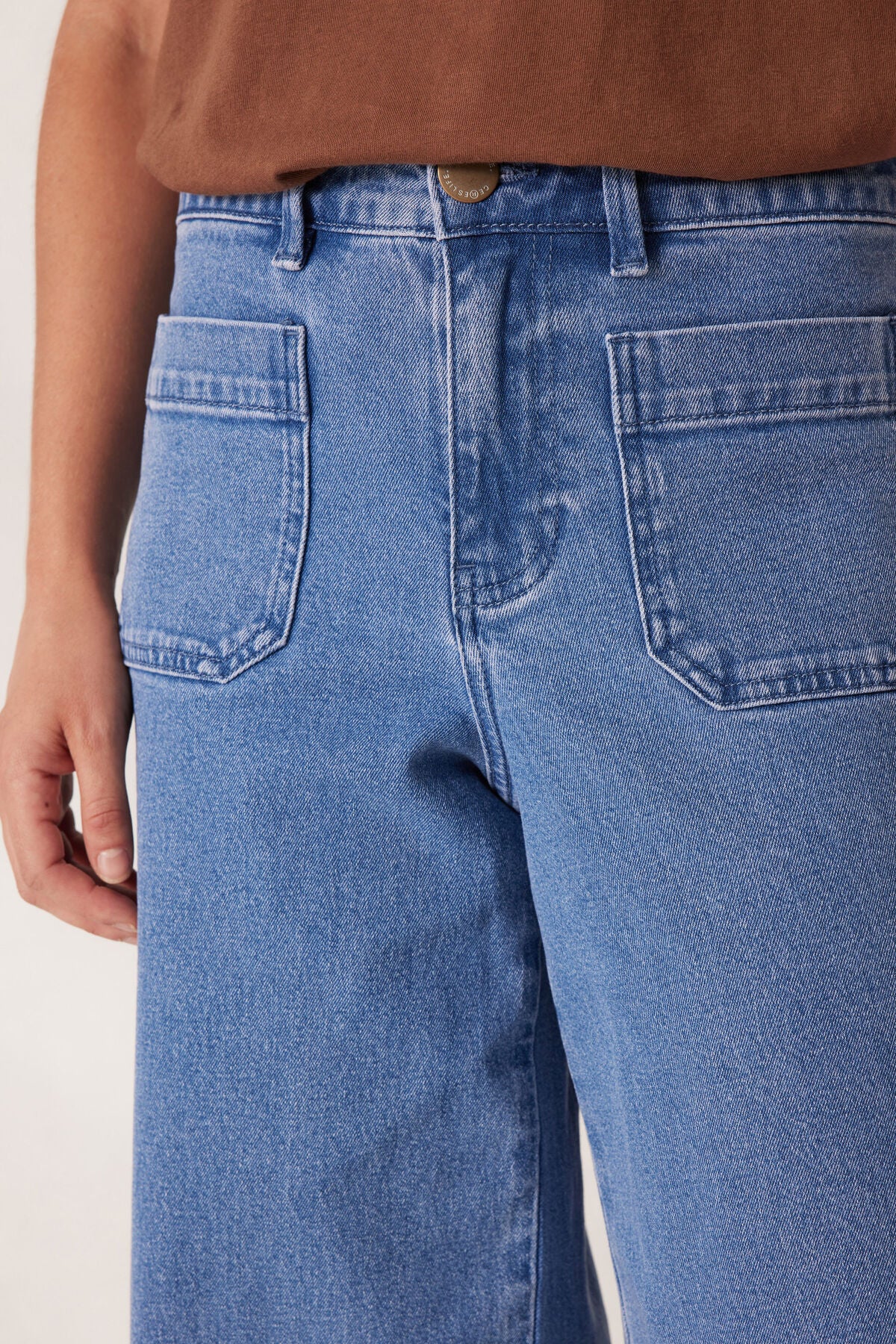 Ceres Life Wide Leg Patch Pocket Jeans - washed indigo