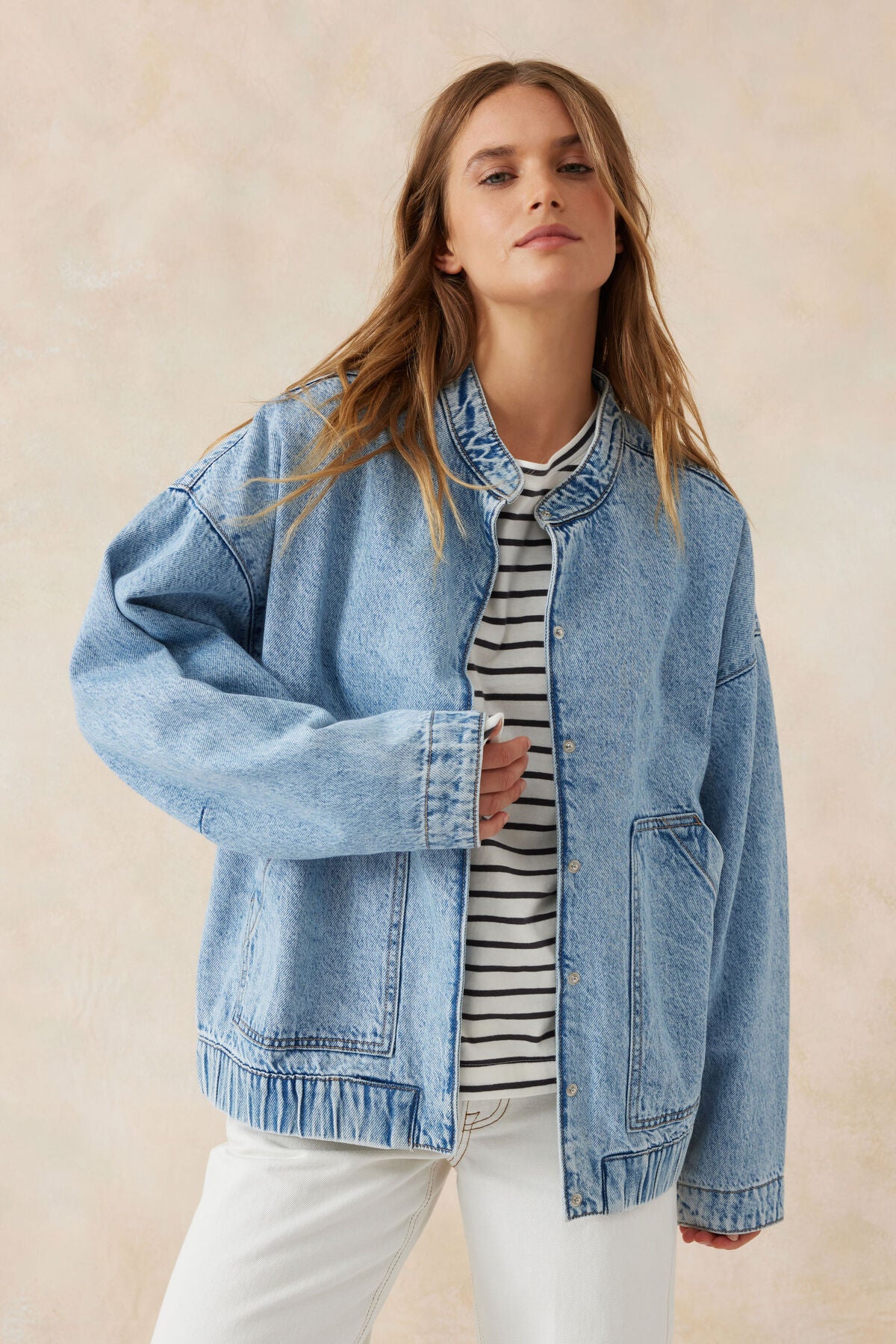 Ceres Life Relaxed Denim Bomber Jacket - mid blue organic cotton