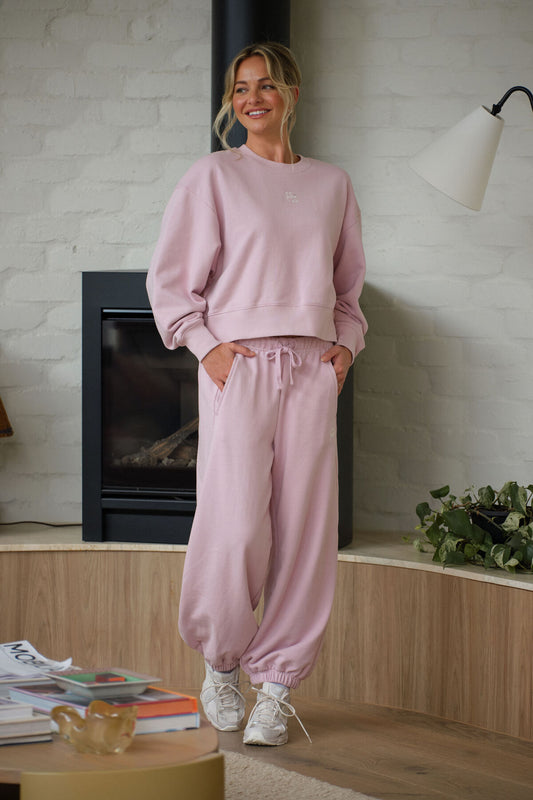 Ceres Barrel Leg Trackpant - blush embroidery logo
