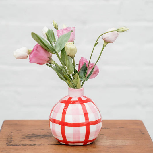 Noss & Co Round Bud Vase - pink and red gingham