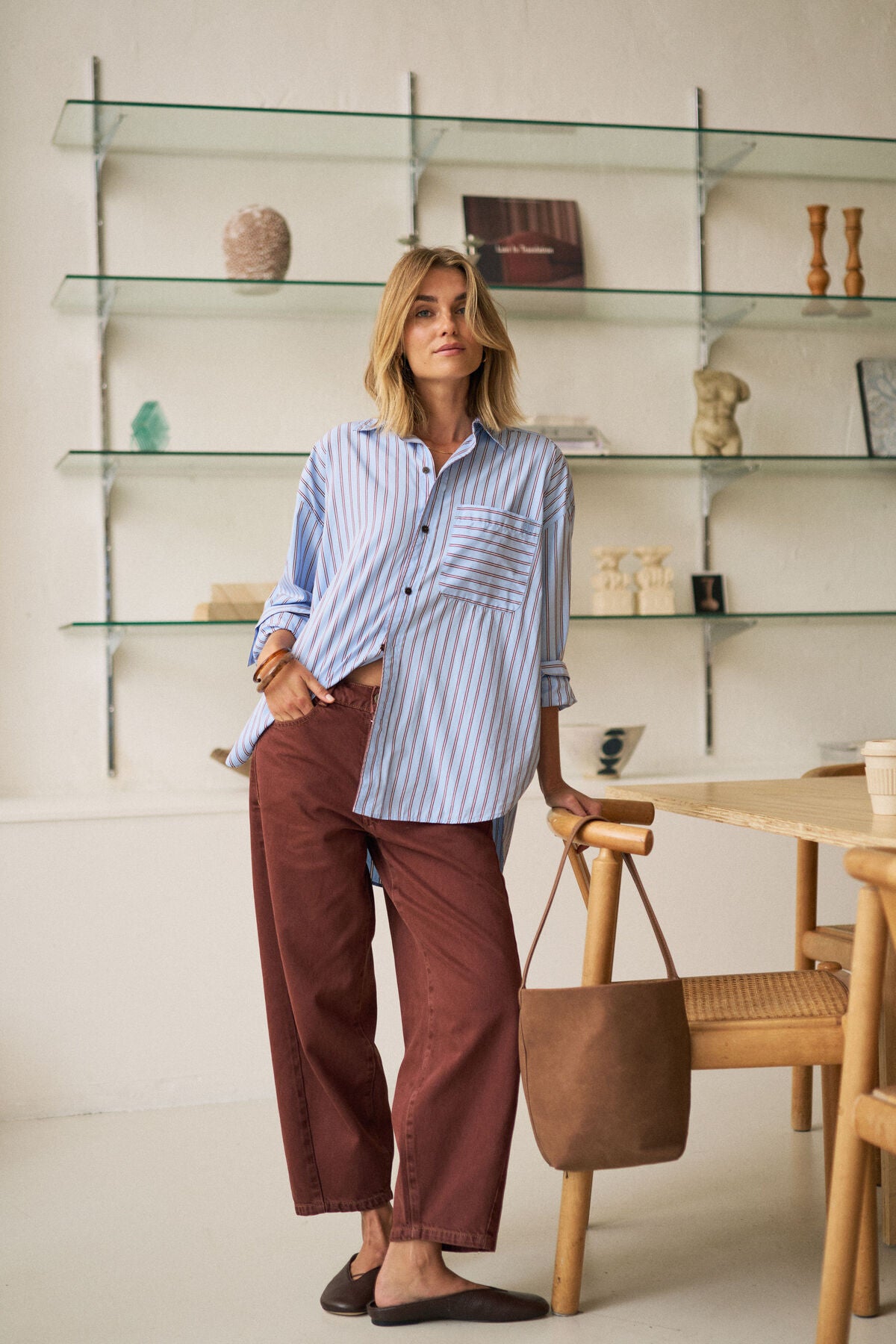 Ceres Peta Oversized Shirt - sky blue burgundy stripe