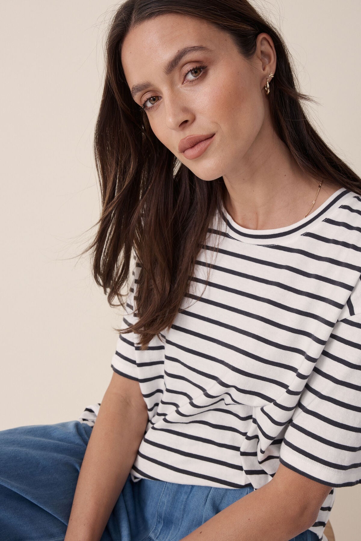 Ceres Life Slouchy Split Hem Tee - Vanilla/Phantom fine stripe