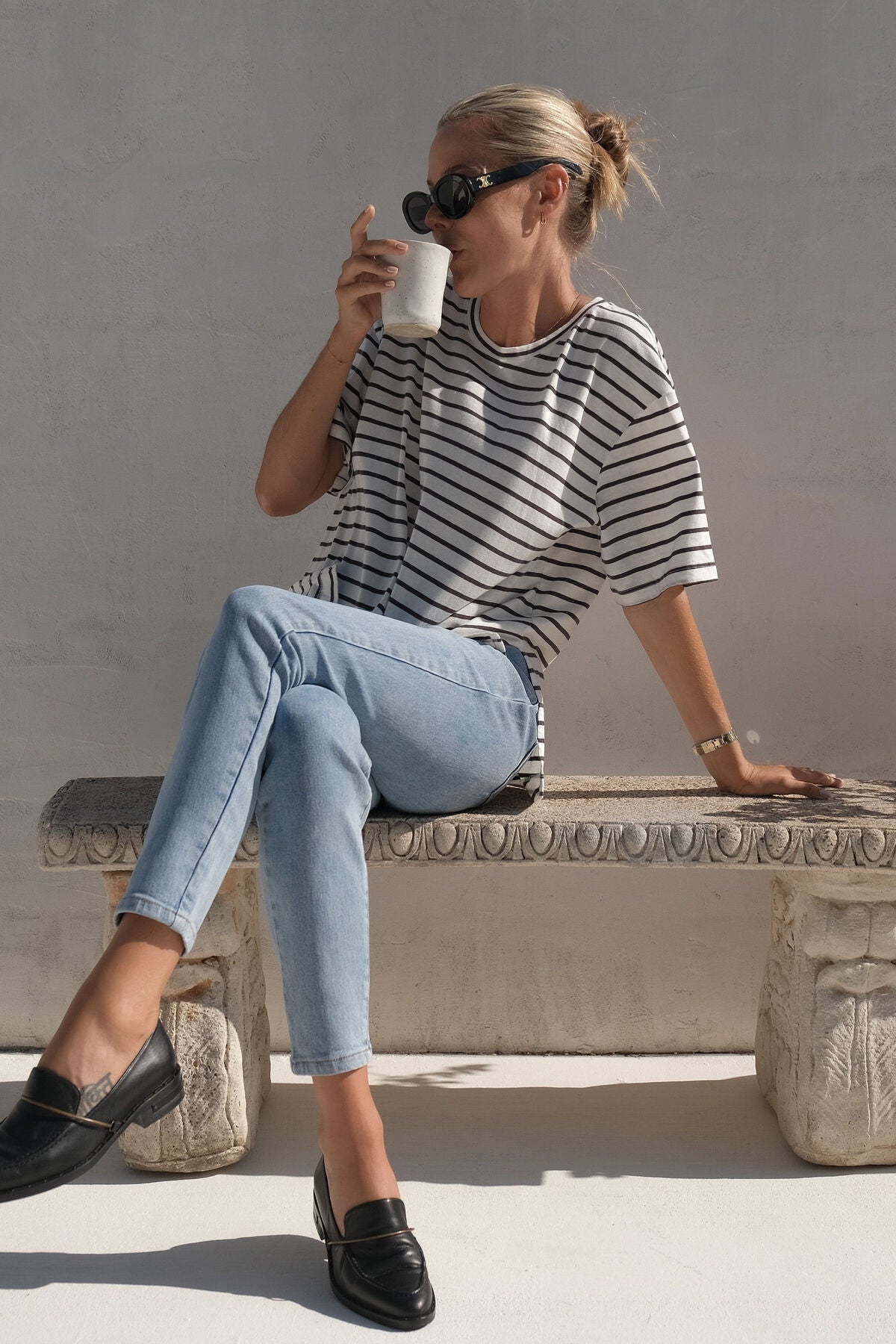 Ceres Life Slouchy Split Hem Tee - Vanilla/Phantom fine stripe