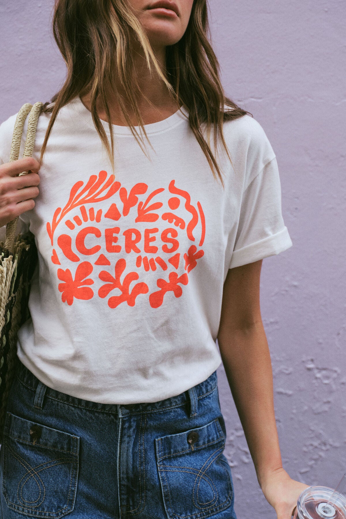 Ceres Life Slouchy Split Hem T-Shirt - vanilla/red paper cut logo