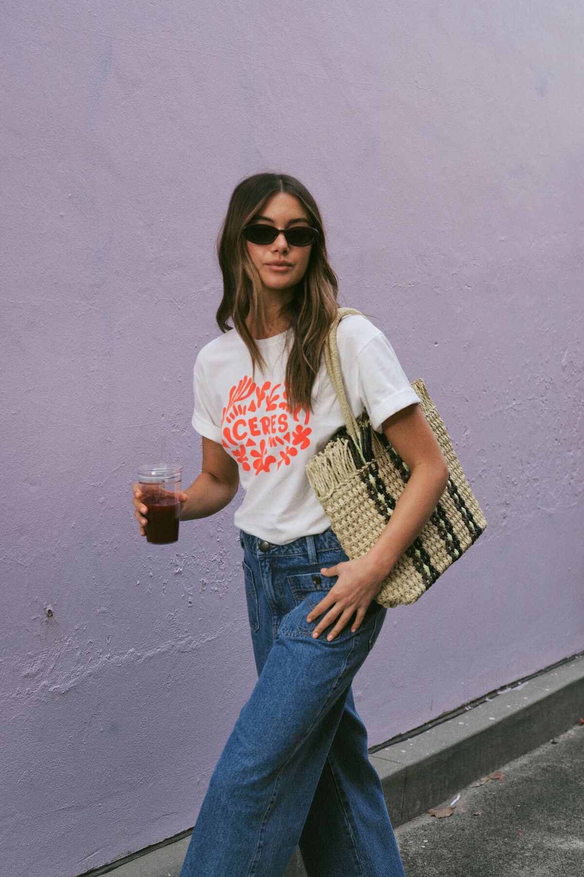 Ceres Life Slouchy Split Hem T-Shirt - vanilla/red paper cut logo