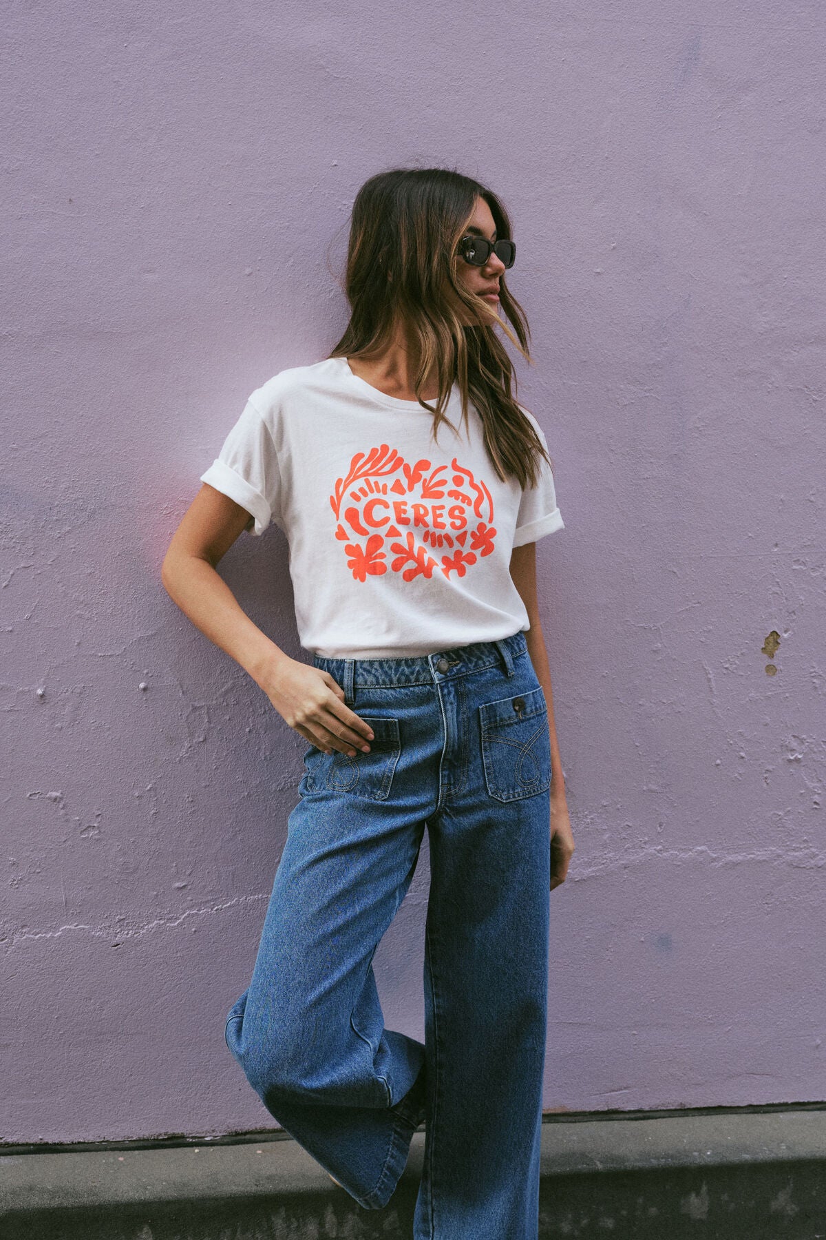 Ceres Life Slouchy Split Hem T-Shirt - vanilla/red paper cut logo