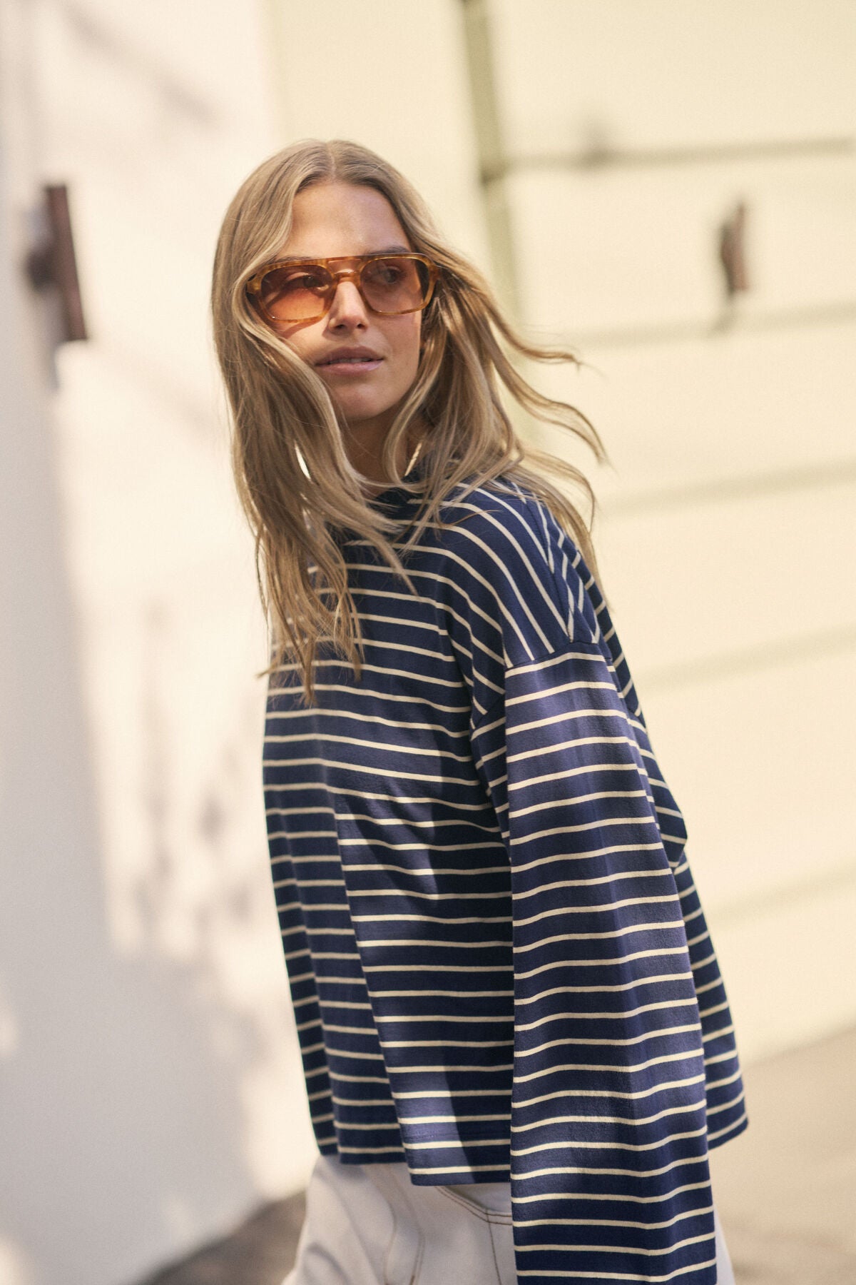 Ceres Beau Long Sleeve Slouchy Tee - heritage navy/ marshmallow stripe