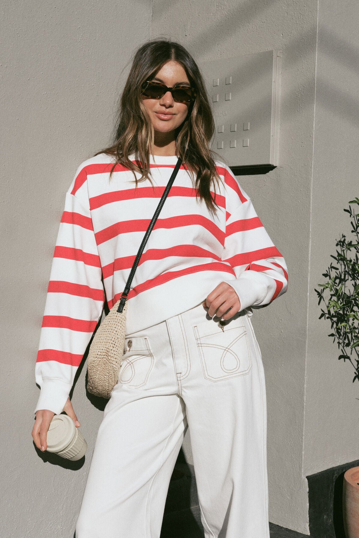 Ceres Life Cropped Slouchy Crew - warm white red stripe