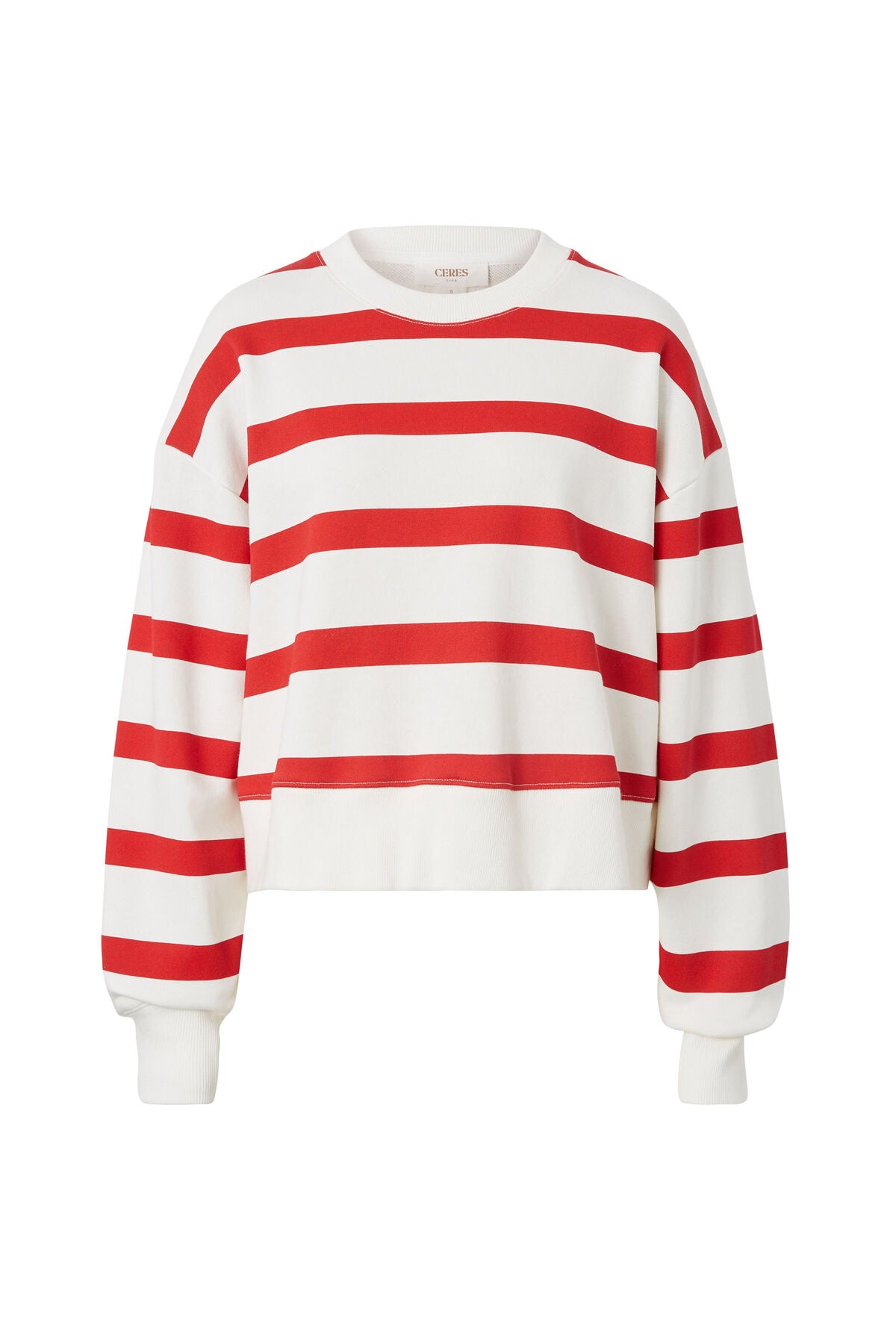 Ceres Life Cropped Slouchy Crew - warm white red stripe