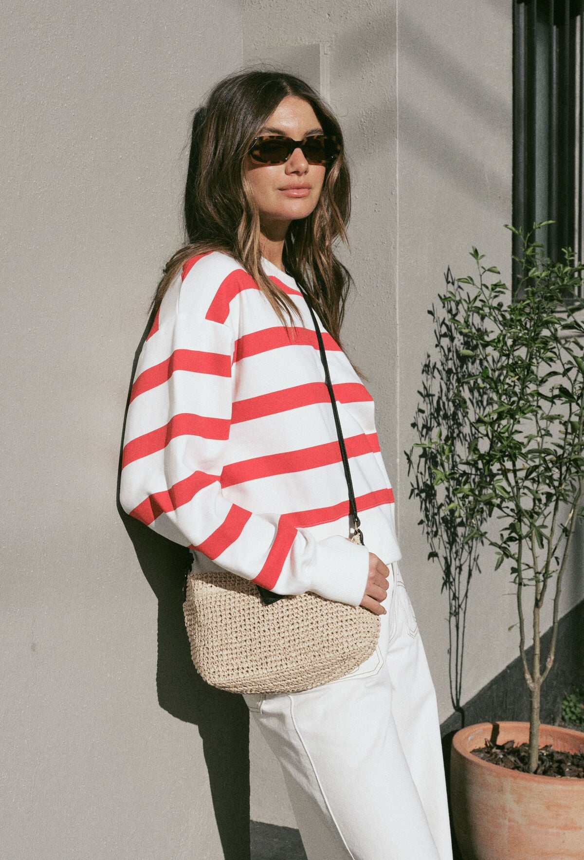 Ceres Life Cropped Slouchy Crew - warm white red stripe