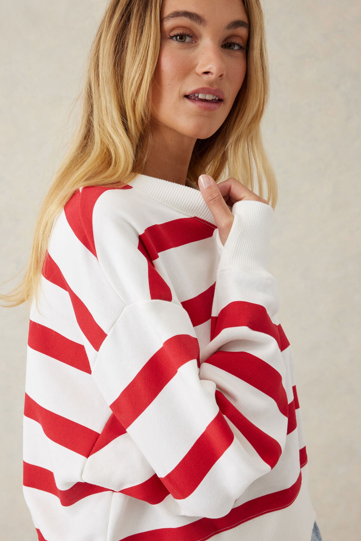 Ceres Life Cropped Slouchy Crew - warm white red stripe