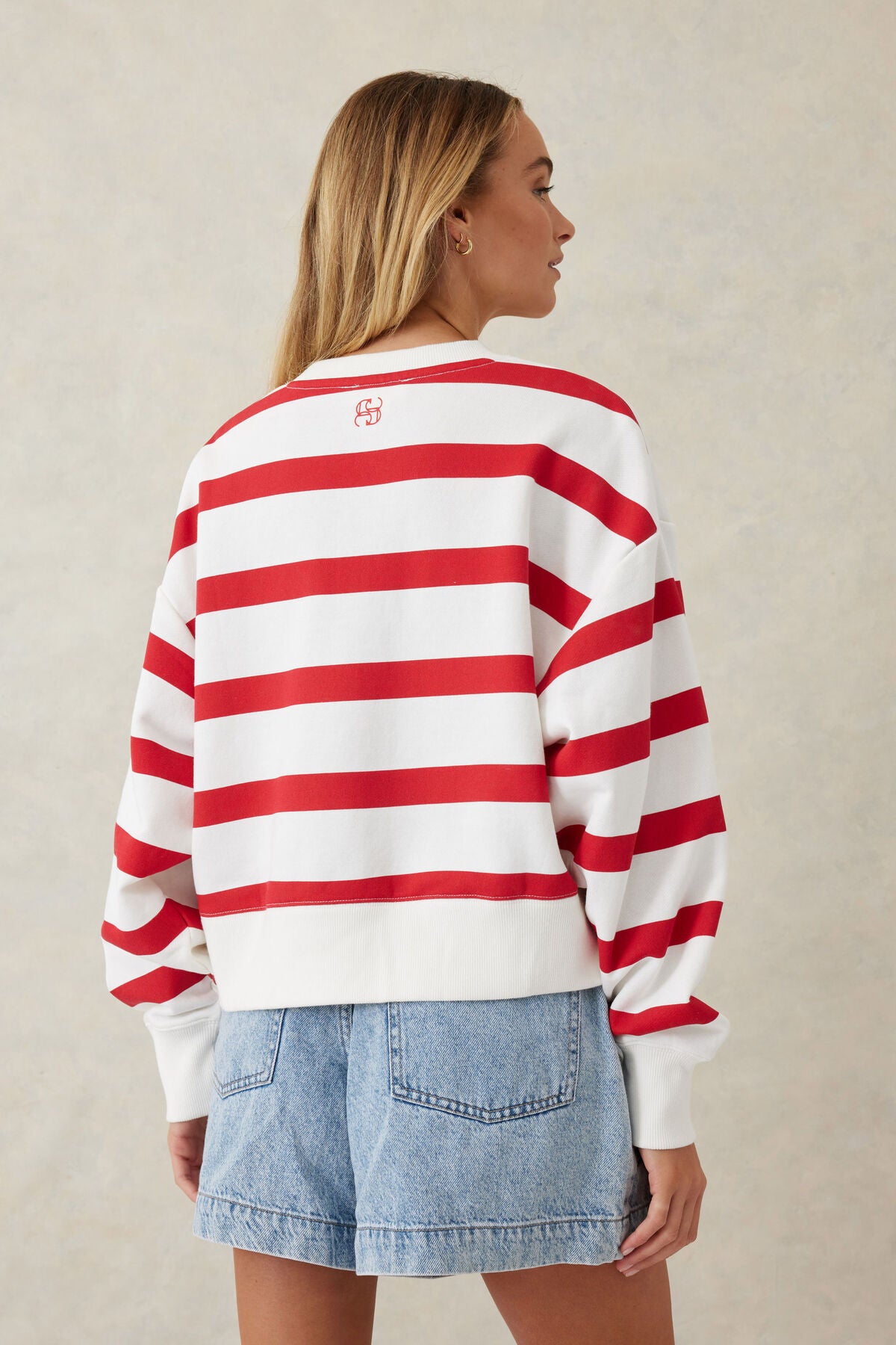 Ceres Life Cropped Slouchy Crew - warm white red stripe