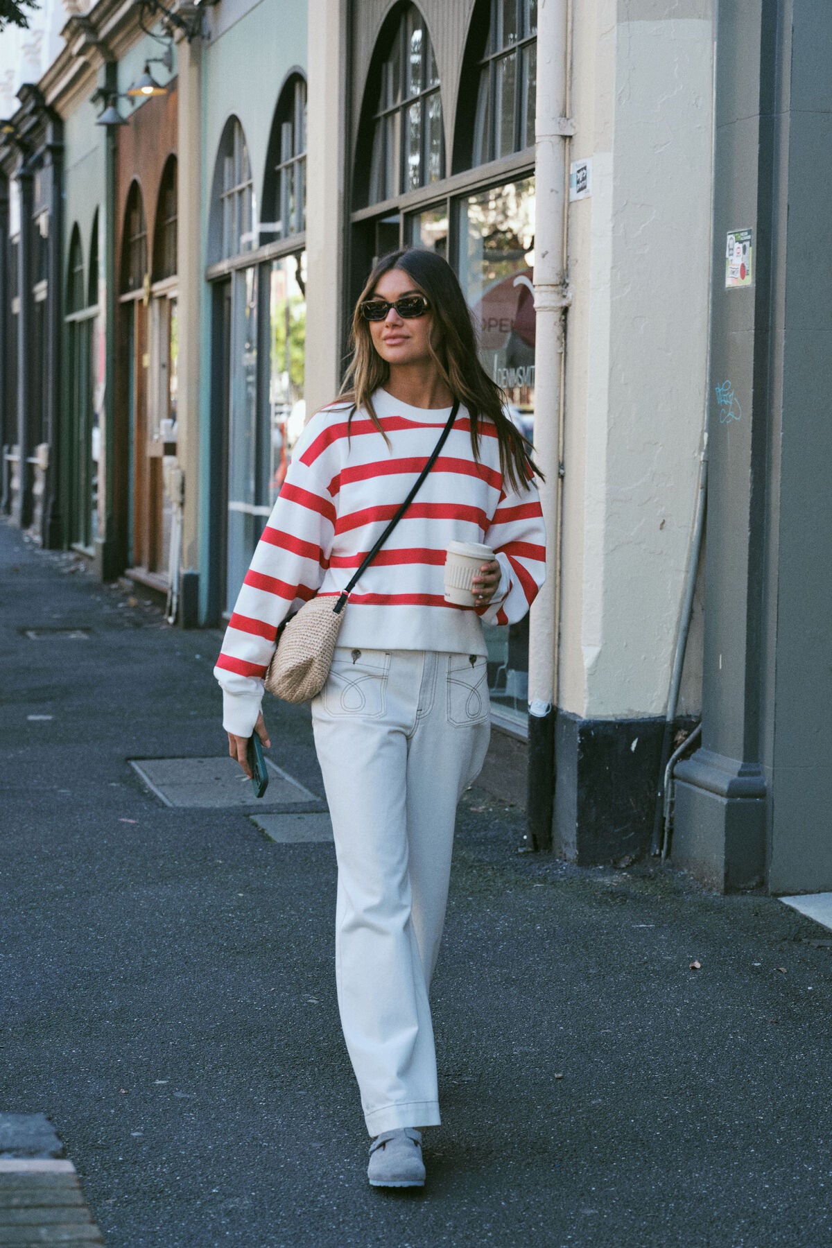 Ceres Life Cropped Slouchy Crew - warm white red stripe