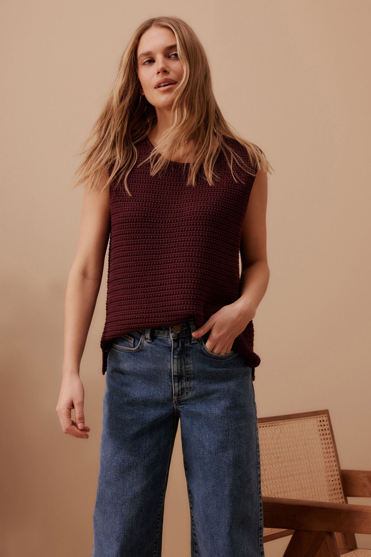 Ceres Margo Mesh Knit Tank - wine