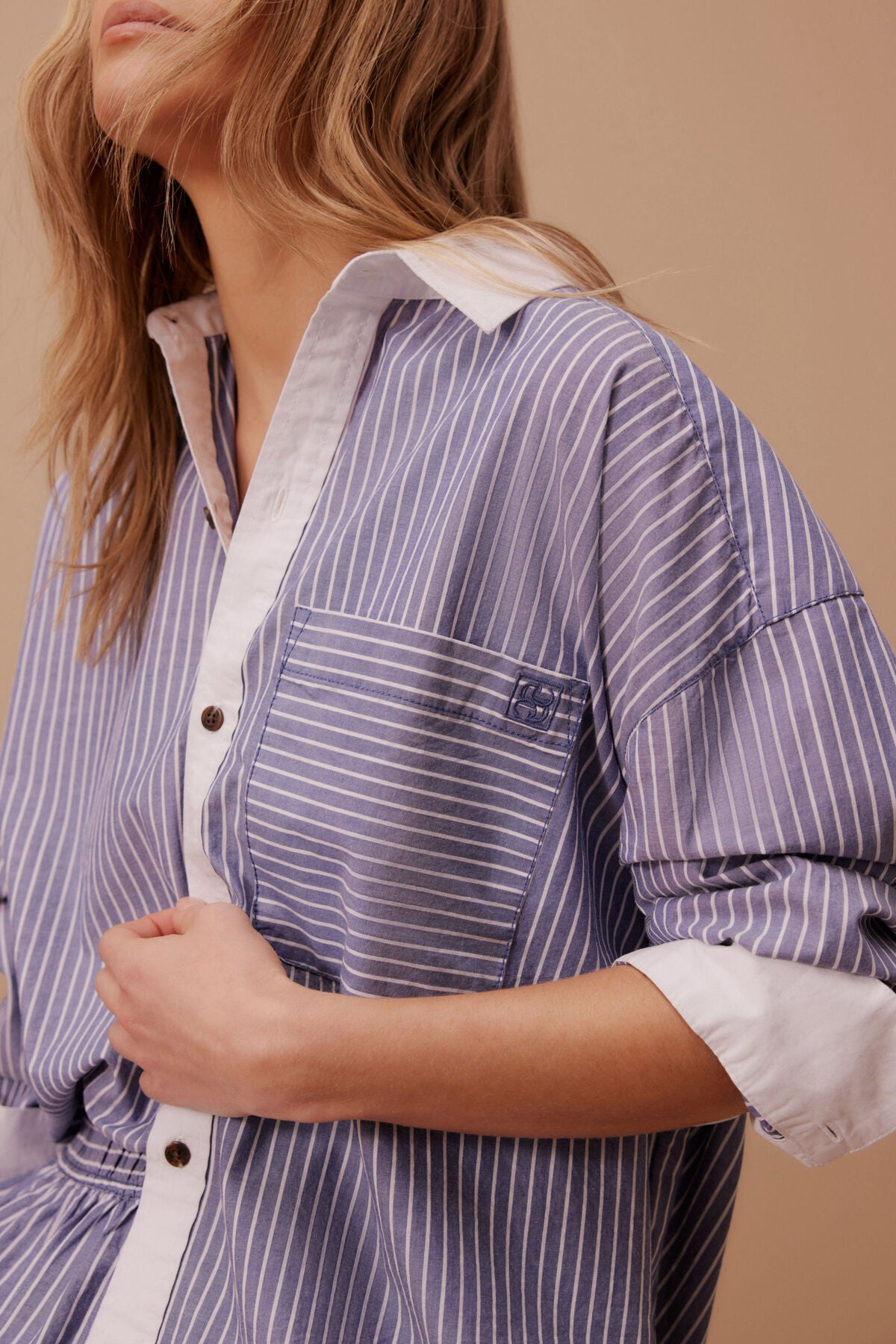 Ceres Peta Oversized Shirt - college blue stripe white collar