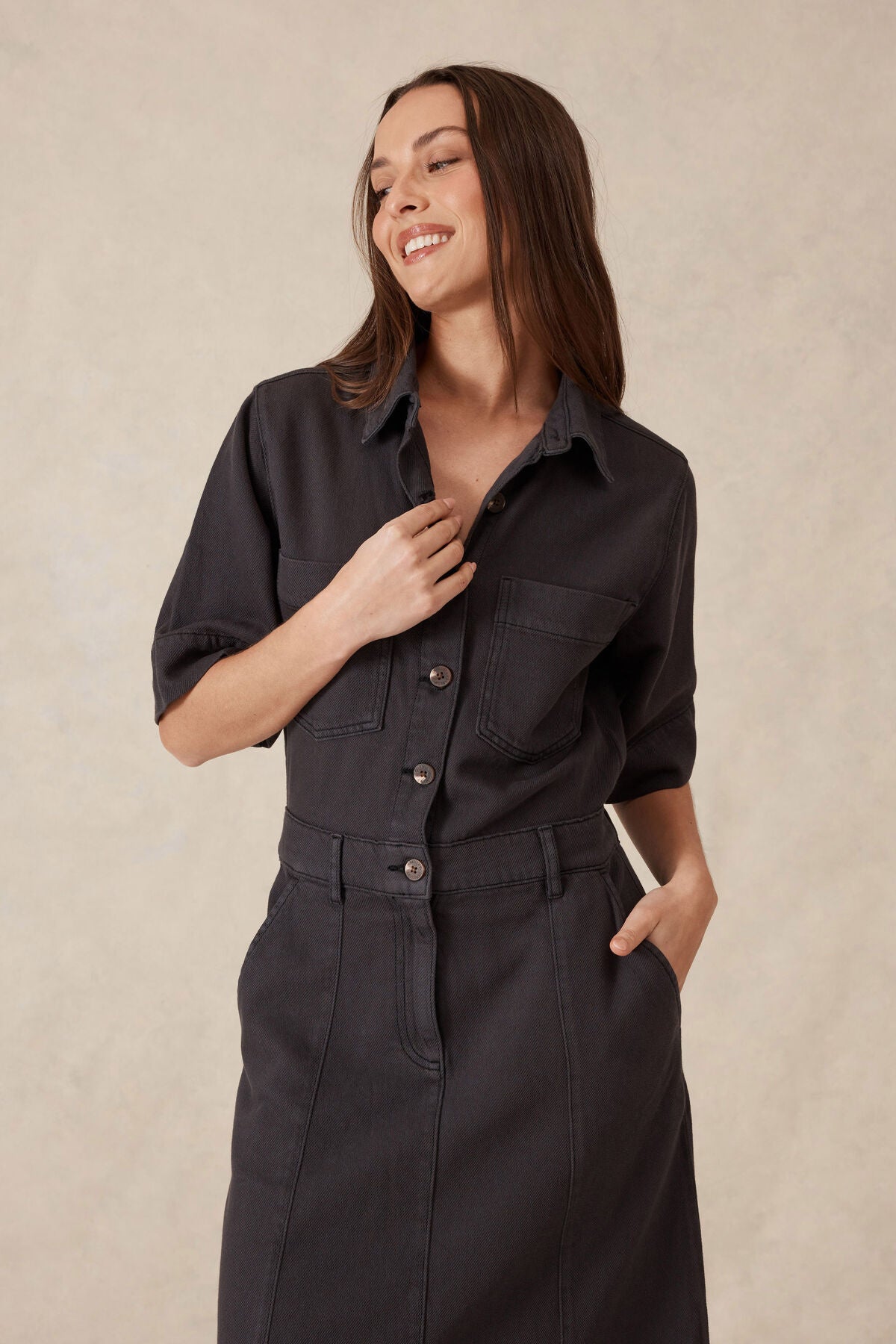 Ceres Life Short Sleeve Denim Maxi Shirt Dress - washed black twill