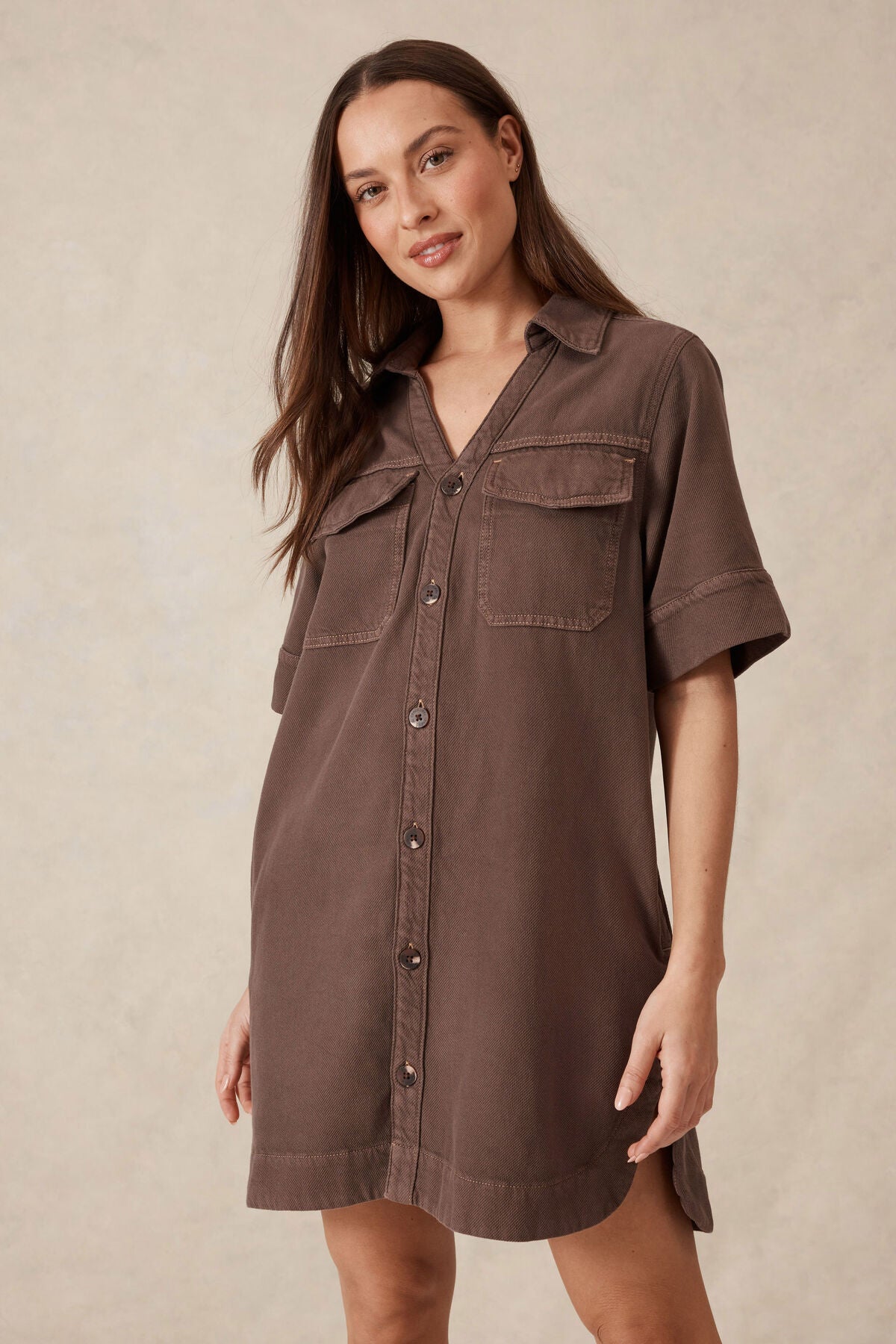 Ceres Life Relaxed Shirt Dress - mocha twill