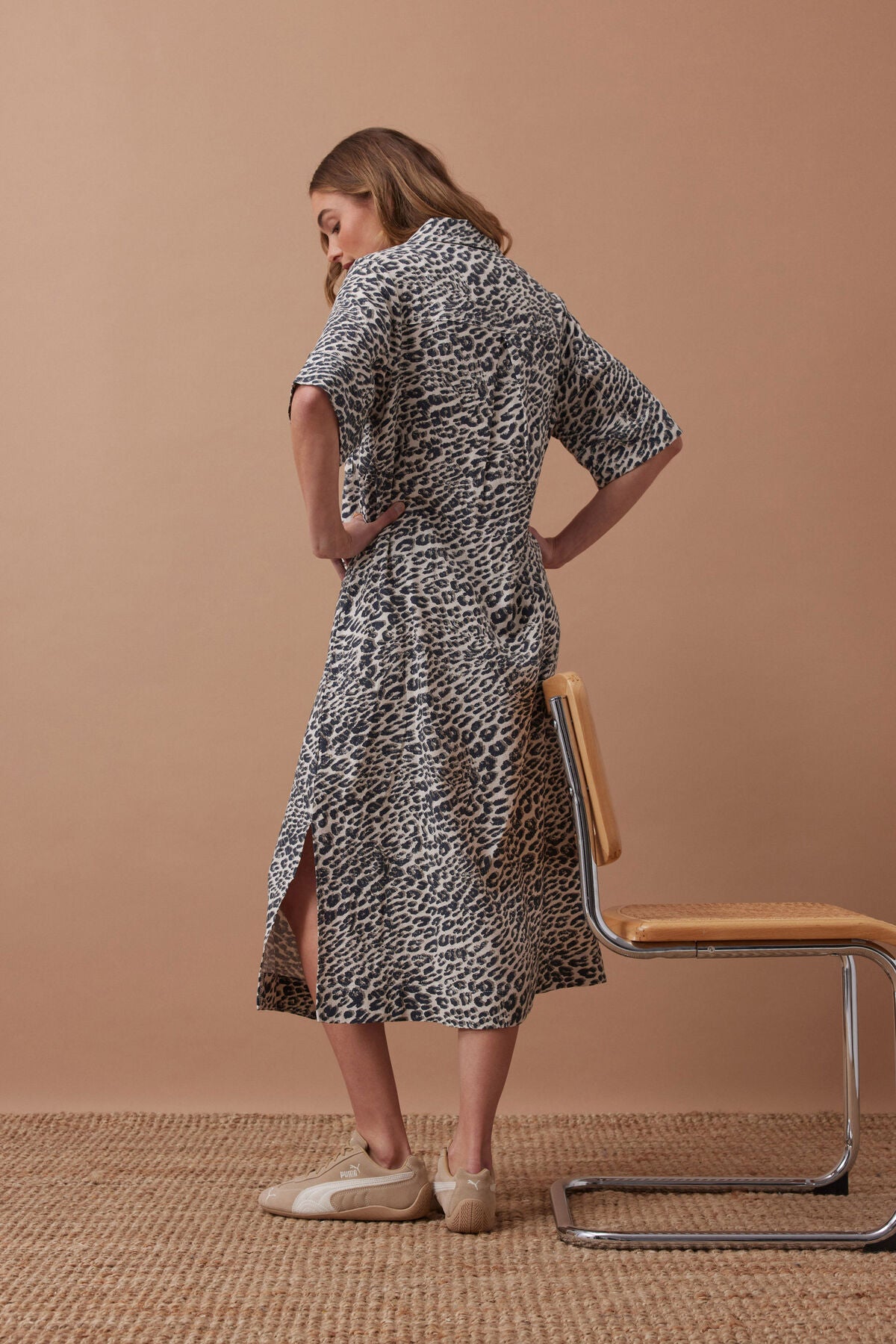 Ceres Ava Short Sleeve Midi Dress - leopard linen blend