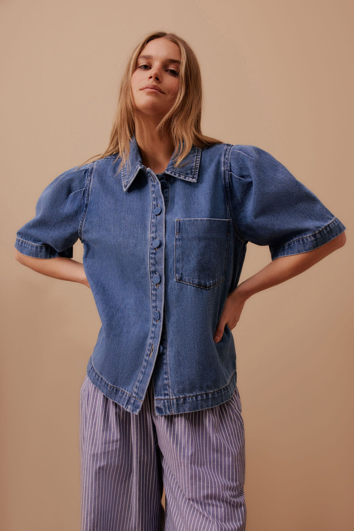 Ceres Dylan Pleat Sleeve Denim Shirt - fresh indigo