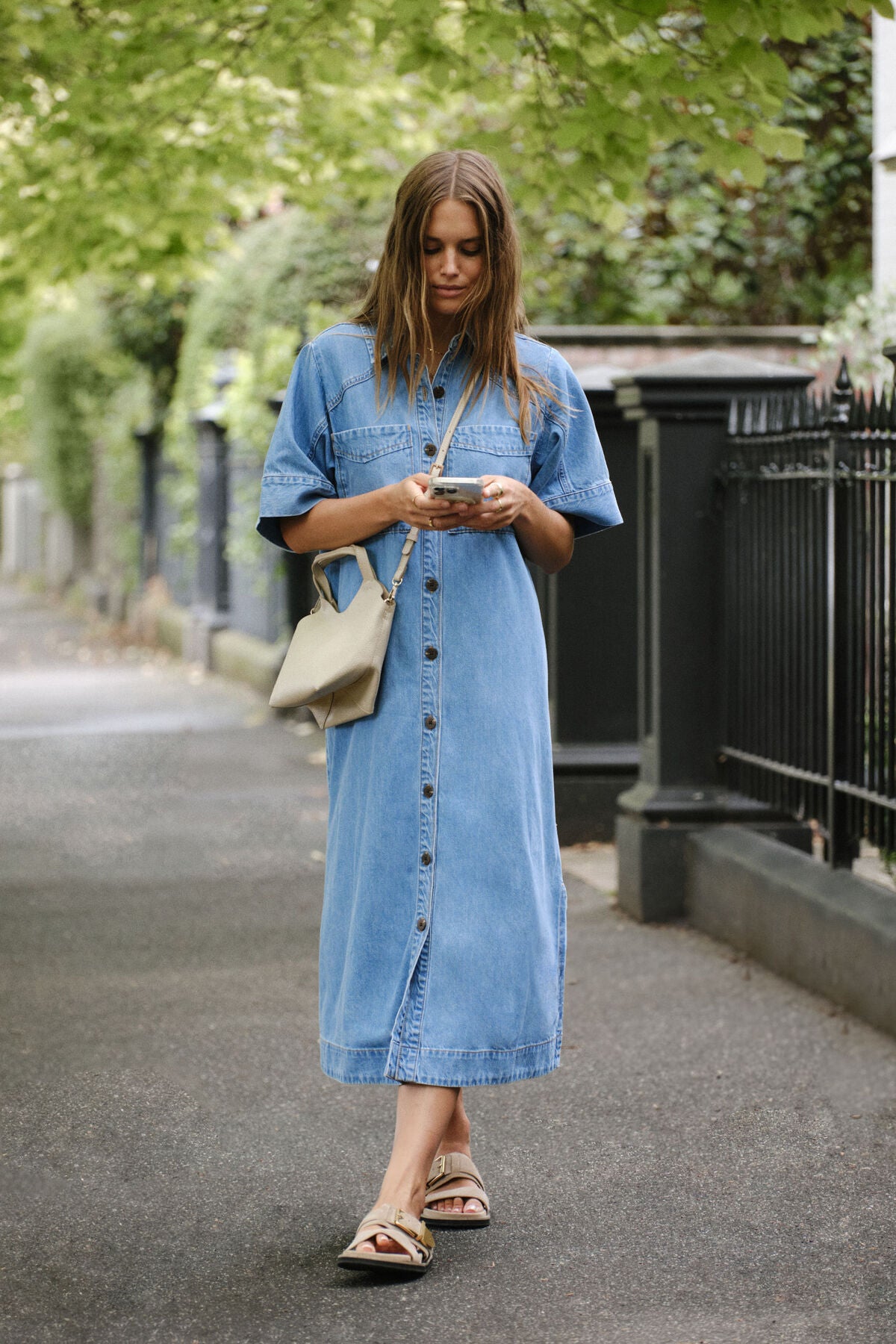 Ceres Life Short Sleeve Yoke Detail Midi Dress - vintage blue