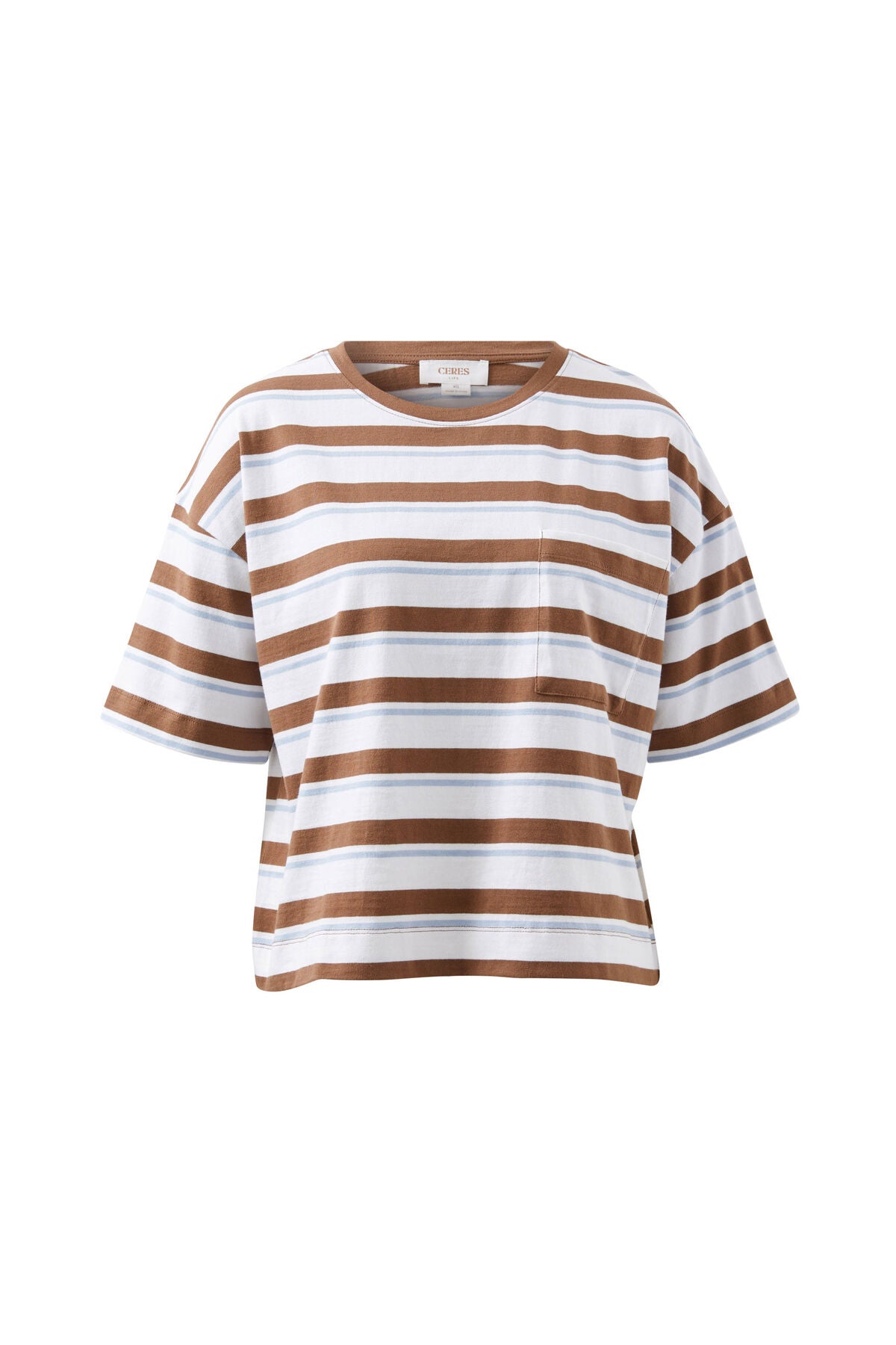 Ceres Boa Boxy Pocket Tee - white milk chocolate chalk stripe