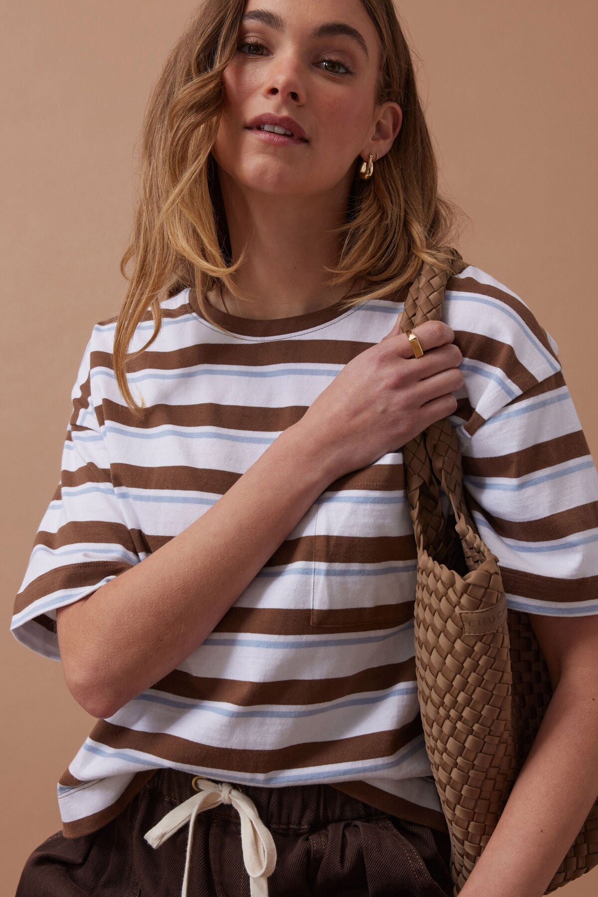 Ceres Boa Boxy Pocket Tee - white milk chocolate chalk stripe