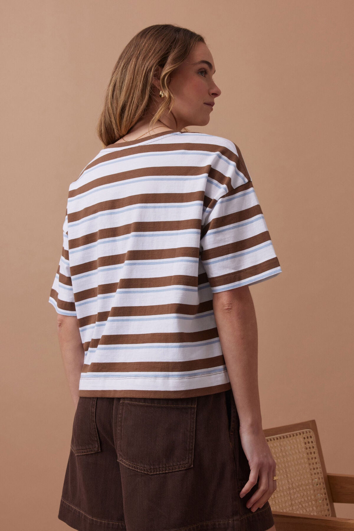 Ceres Boa Boxy Pocket Tee - white milk chocolate chalk stripe